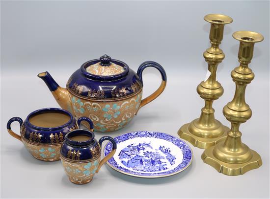 A Doulton slaters patent 3 piece teaset and a Royal Doulton sandwich set, a pair of candlesticks and 3 cards
